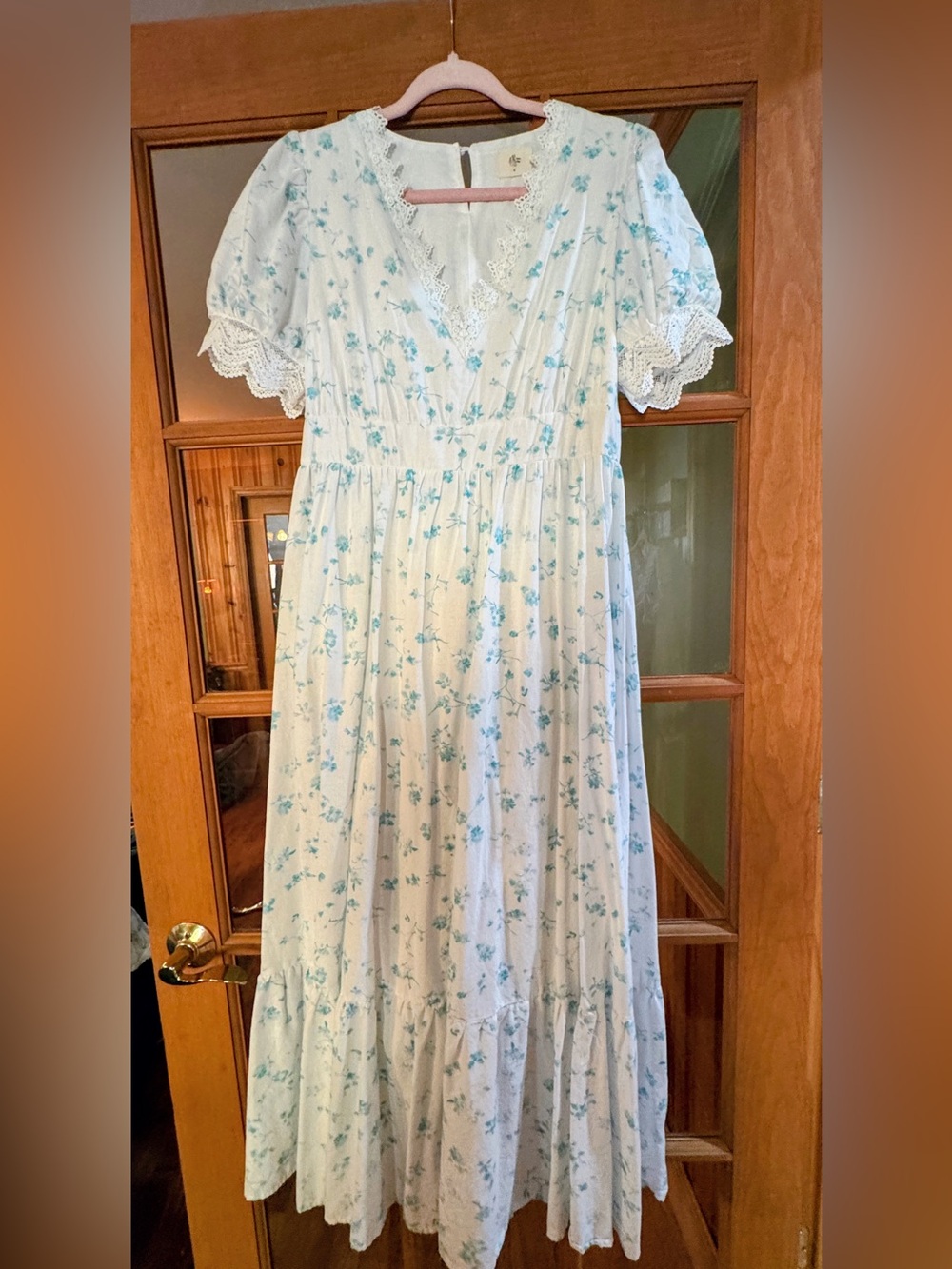 Light Cream Maxi Dress with Green Floral Print and Lace Trim